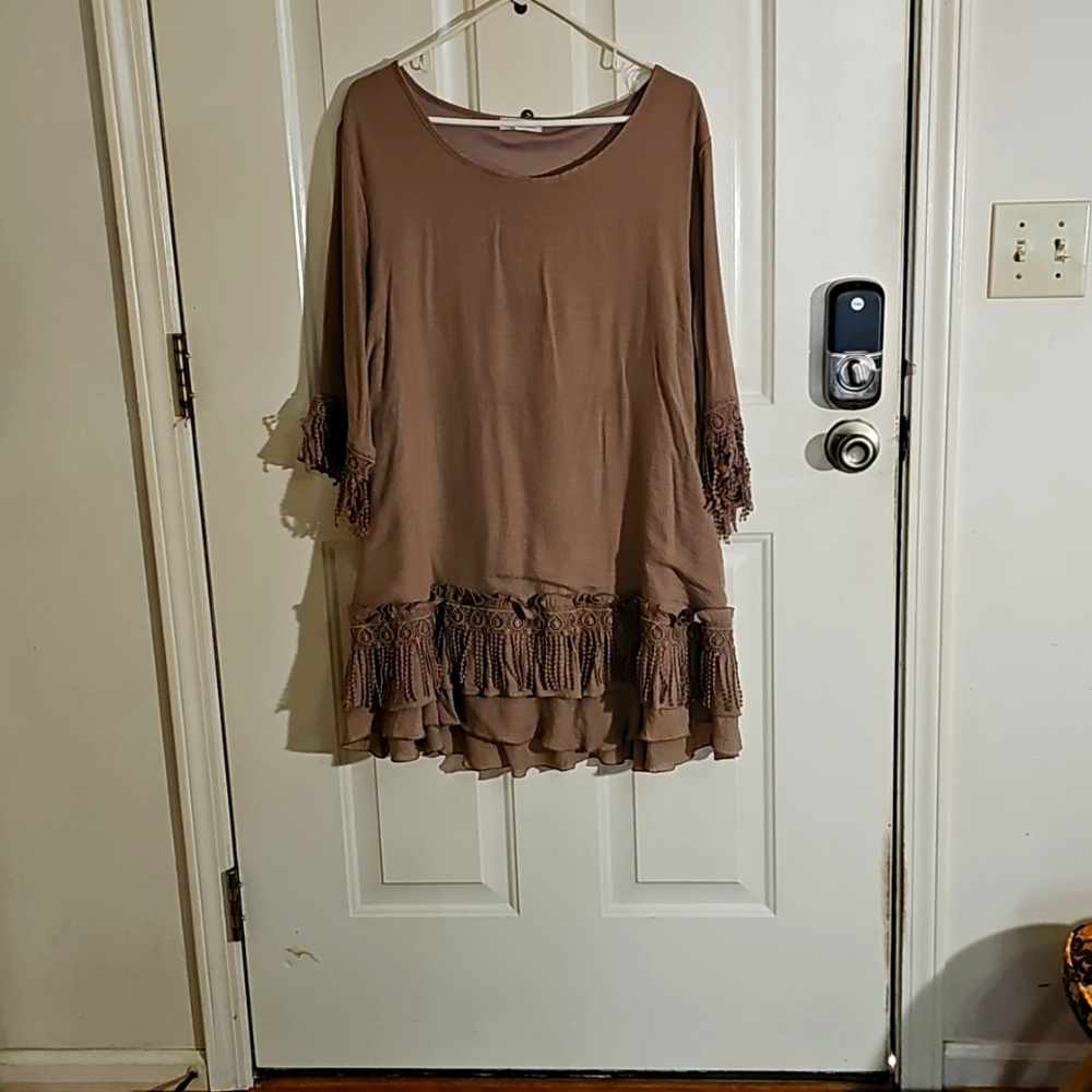 Indigo Soul Brown Fringe Details Dress. Size Large